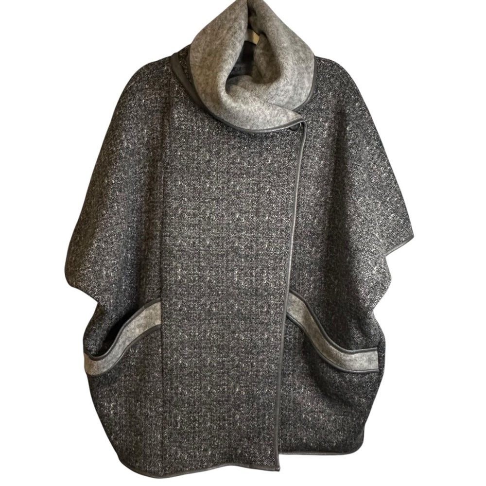 Shannon Passero Gray Tweed Cape Sweater Coat with Contrast Trim L/XL Cozy Soft